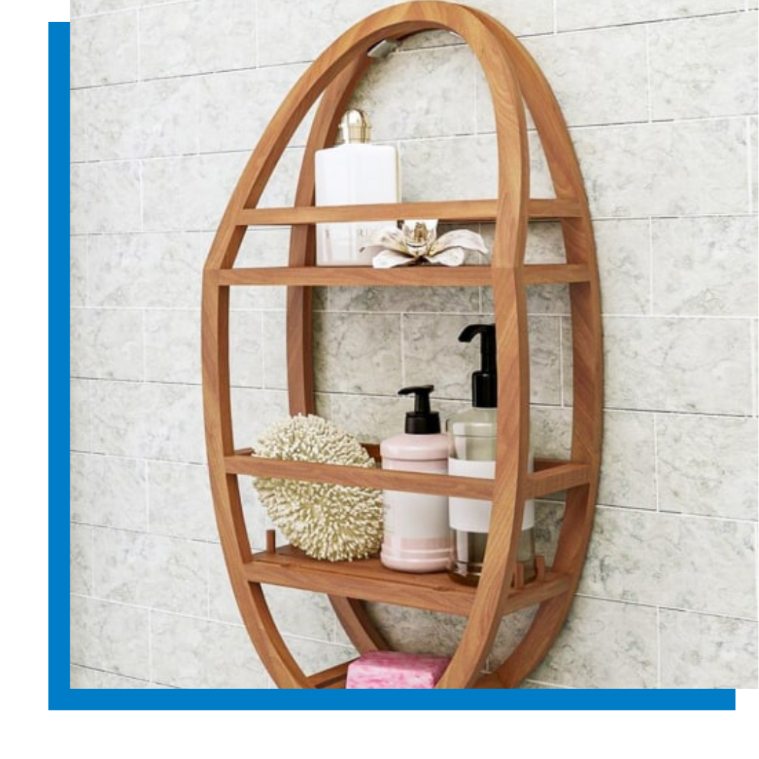 Teak shower caddy.