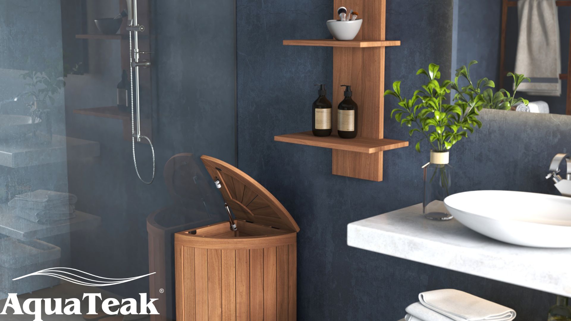 Teak wood bathroom furniture.