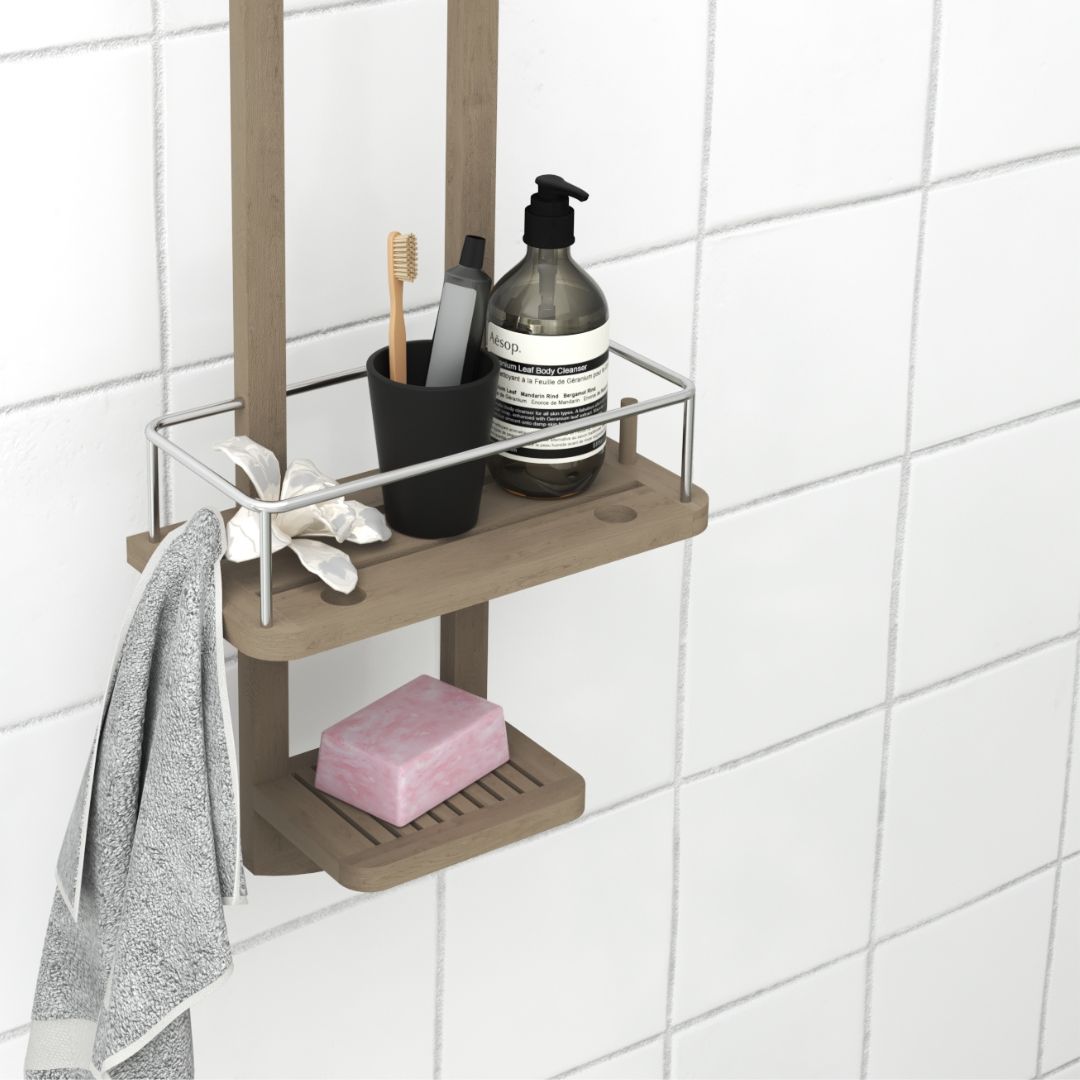 Teak shower caddy.