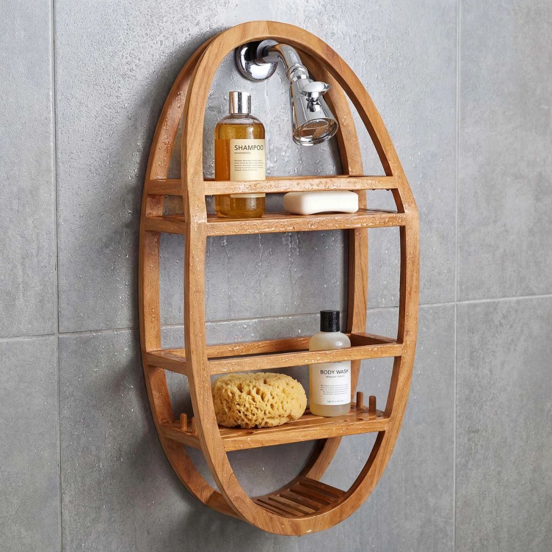 Teak wood shower shelf.