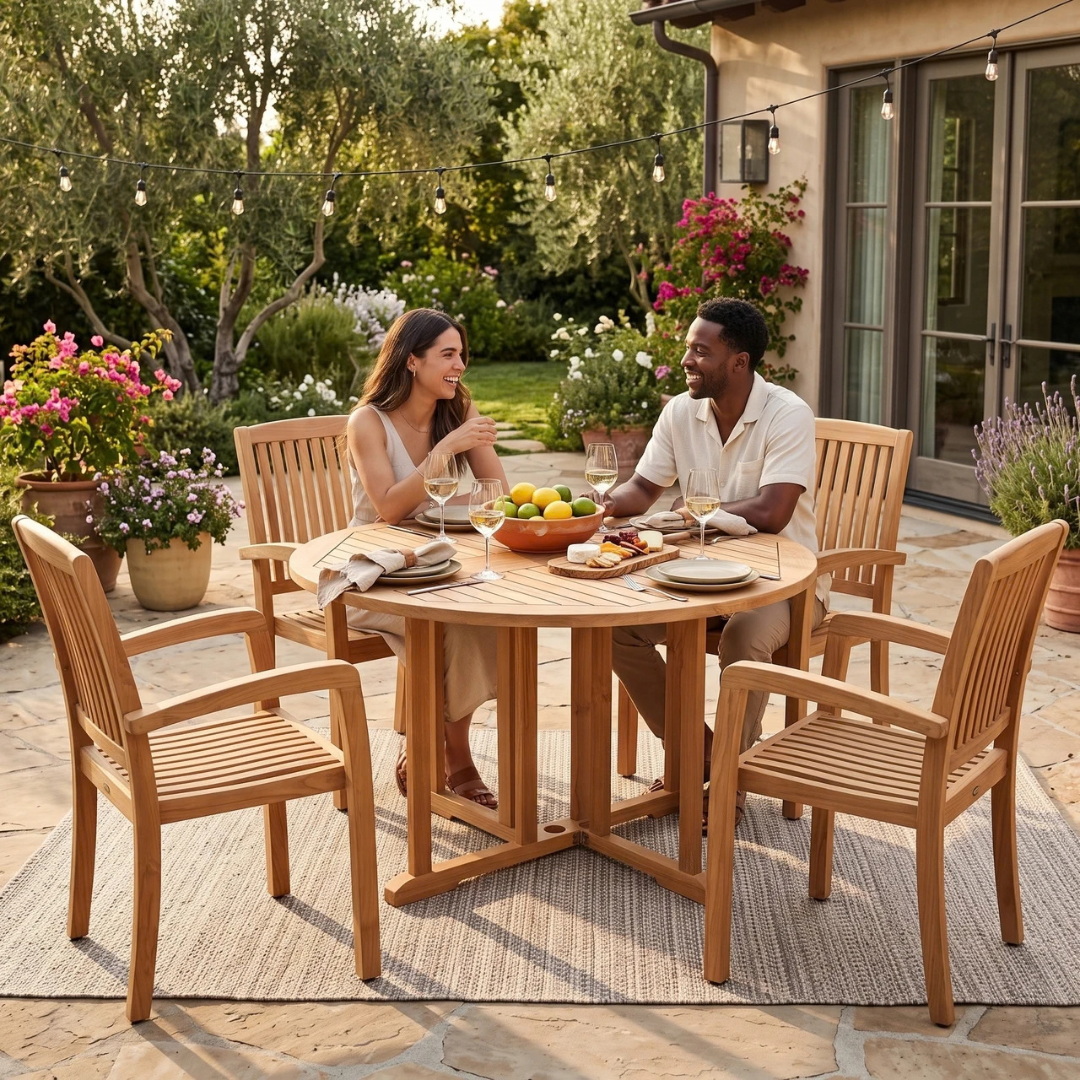 Teak wood outdoor furniture.