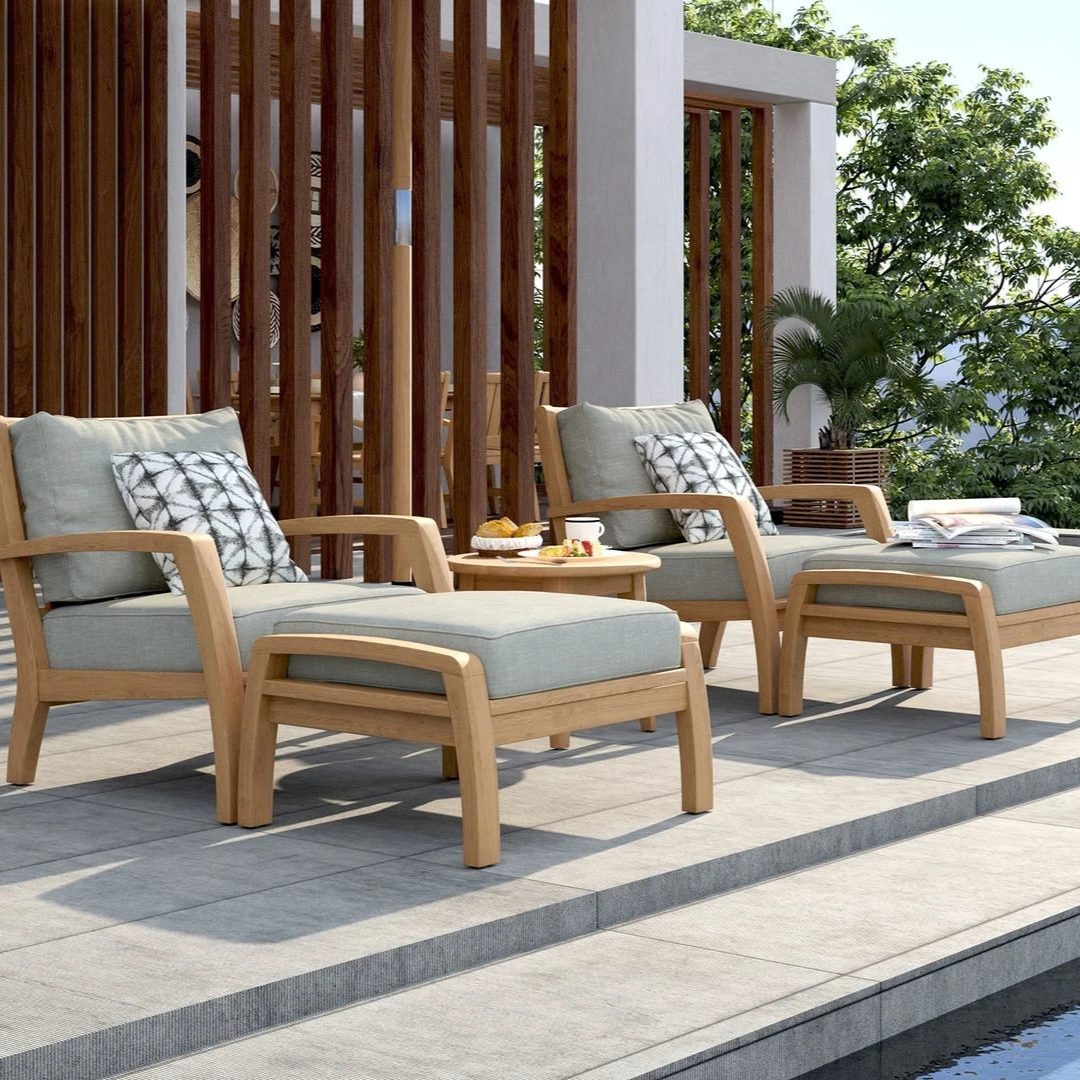Teak wood outdoor chairs and ottoman.