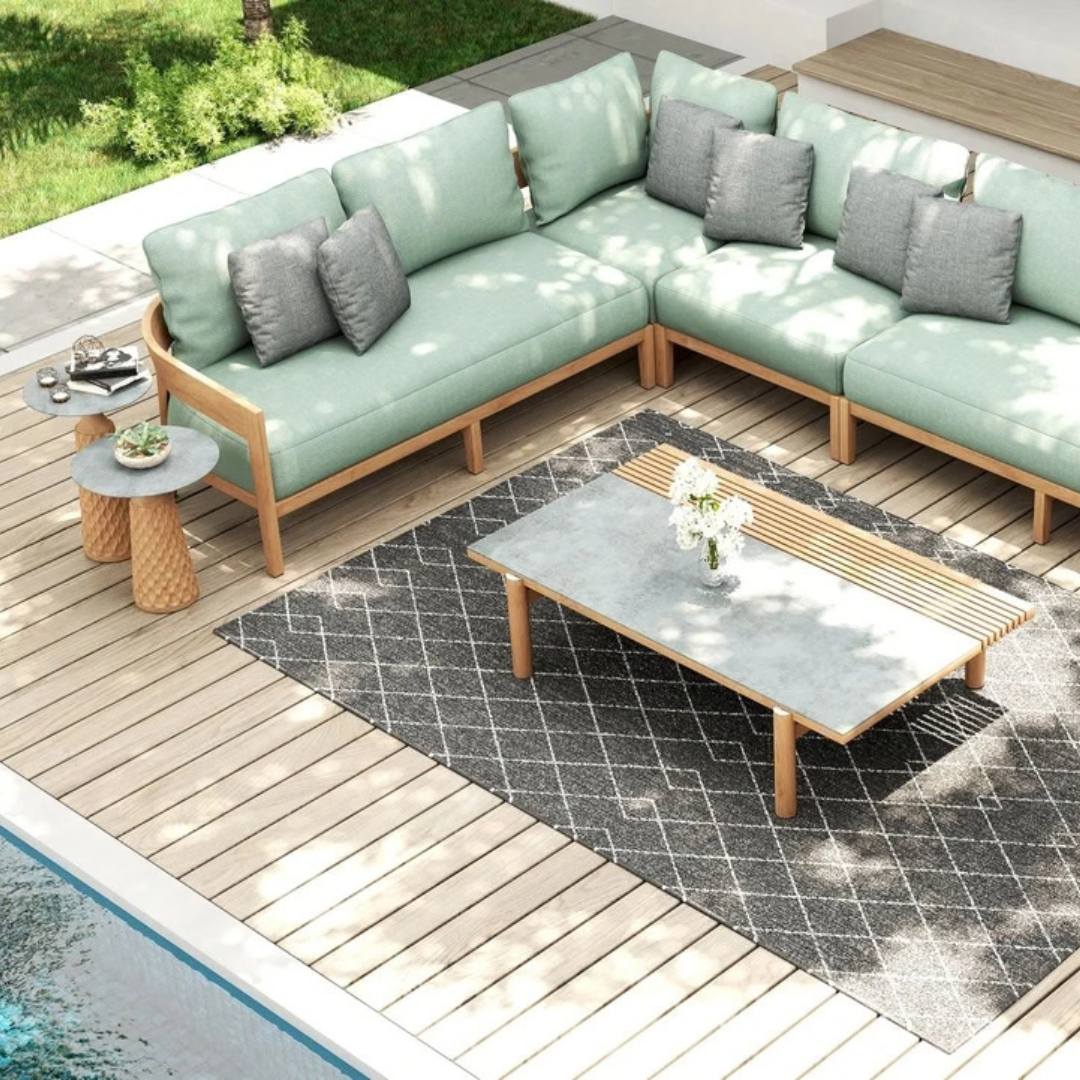 Teak wood sofa and coffee table.