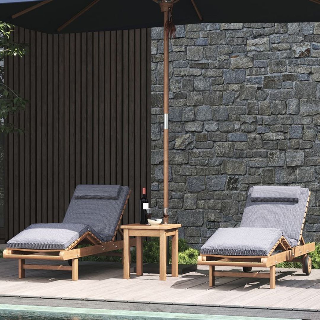 Teak wood lounge chairs.