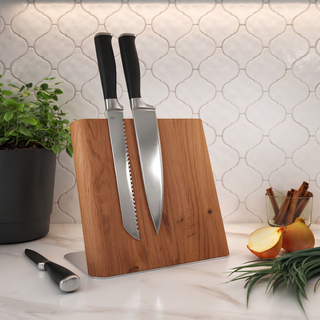 Teak wood cutting board with knives.