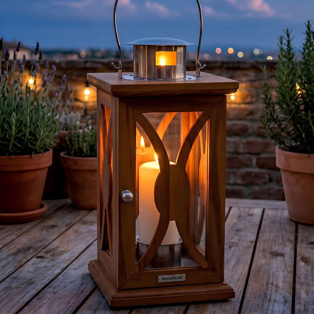 Teak wood lantern.