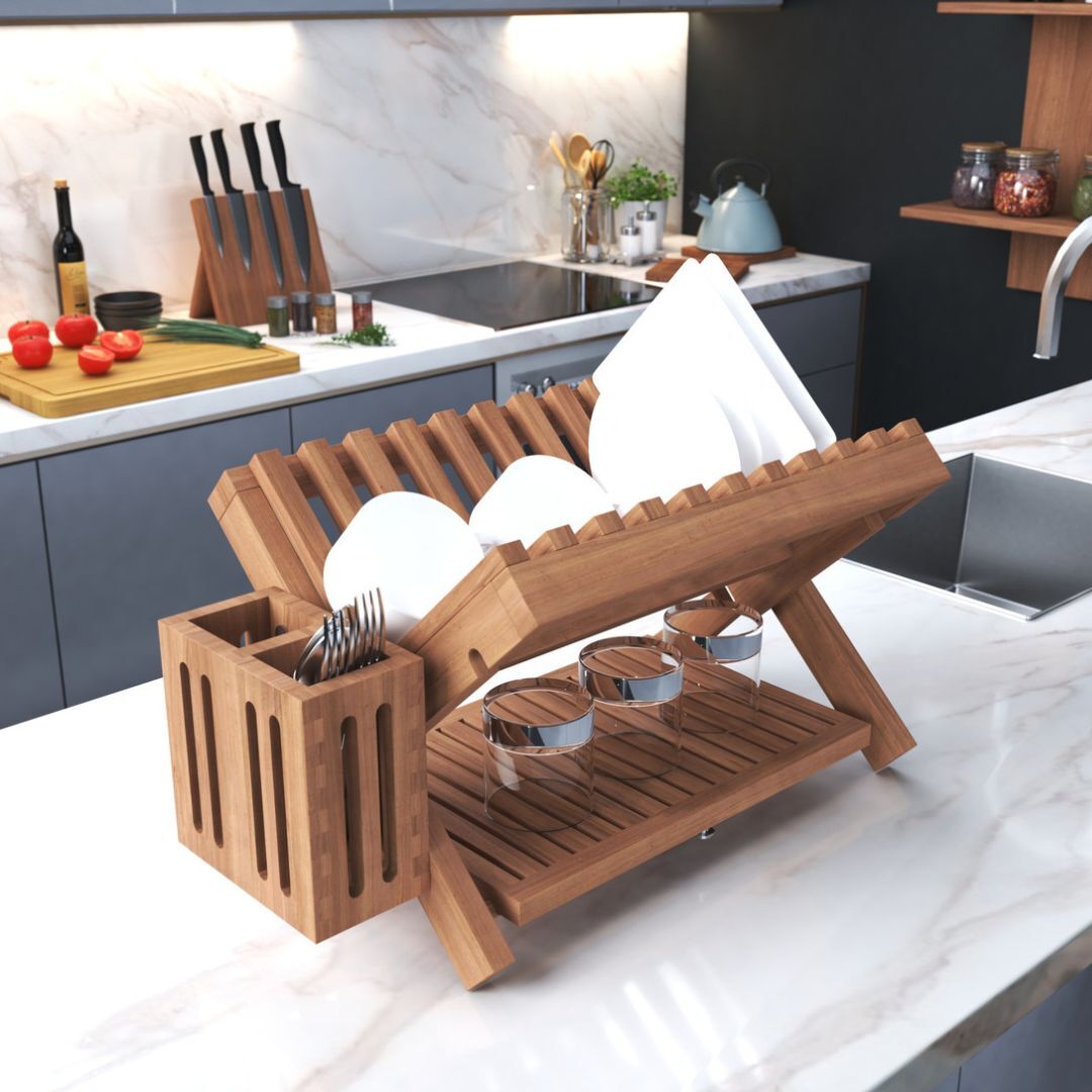 Teak wood dish dryer.