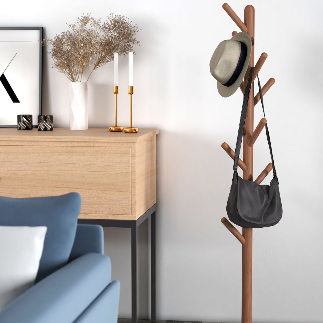 Teak wood coat rack.